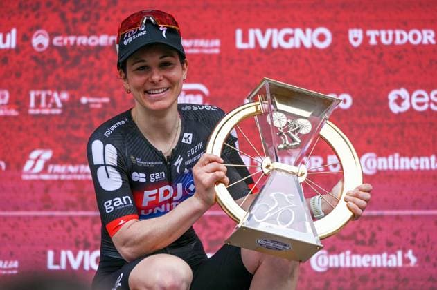 Swiss Elise Chabbey of FDJ United SUEZ celebrates on the podium after winning the women elite Strade Bianche one day cycling race, 133km from and to Siena, Italy, on Saturday 07 March 2026. ELIASxROM  x166740690x