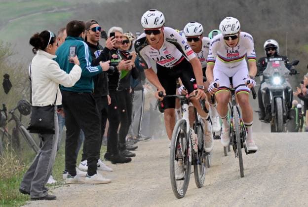Slovenian Tadej Pogacar of UAE Team Emirates-XRG pictured in action during the women elite Strade Bianche one day cycling race, 133km from and to Siena, Italy, on Saturday 07 March 2026. ELIASxROM  x166740905x