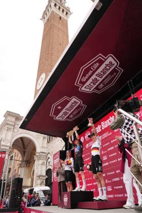 CHABBEY Elise of FDJ UNITED - SUEZ team winner of the race on The podium during the Strade Bianche Woman Elite (White Roads) a 133 km one day race from and to Siena (Tuscany), Italy - Saturday March 7, 2025 - - cycling  Copyright: xMassimoxPaolone LaPressex