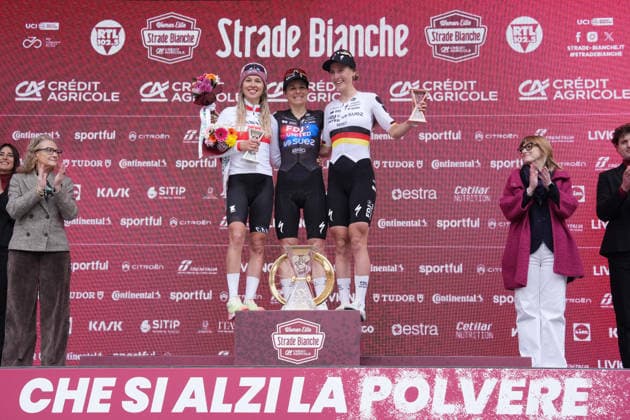 CHABBEY Elise of FDJ UNITED - SUEZ team winner of the race on the podium during the Strade Bianche Woman Elite (White Roads) a 133 km one day race from and to Siena (Tuscany), Italy - Saturday March 7, 2025 - - cycling  Copyright: xSpada LaPressex