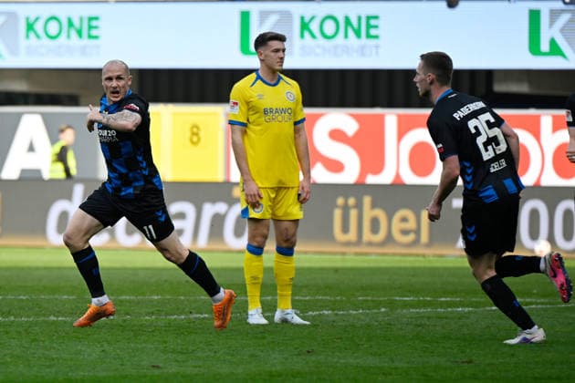 Paderborn, Home Deluxe Arena, 07.03.26, GER, Herren, 2.Bundesliga, Saison 2025-2026, SC Paderborn 07 - Eintracht Braunschweig Bild: Sven MICHEL (Paderborn) jubelt nach seinem Tor zum 1:1 DFL regulations prohibit any use of photographs as image sequences and or quasi-video. NRW Deutschland