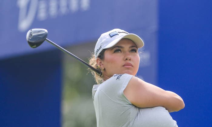 (260307) -- LINGSHUI, March 7, 2026 -- Alexa Pano of the United States plays a shot during the third round of the Blue Bay LPGA, Golf Damen golf tournament in Lingshui, south China s Hainan Province, March 7, 2026. ) (SP)CHINA-HAINAN-LINGSHUI-GOLF-BLUE BAY LPGA (CN) YangxGuanyu 