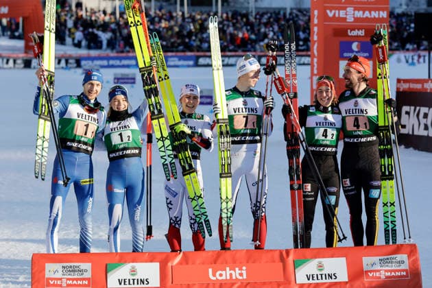 LKS 20260307 Second-placed Ilkka Herola (L) and Minja Korhonen of Team Finland I, winners Ida Marie Hagen and Jens Luraas Oftebro of Team Norway I and third-placed Nathalie Armbruster and Johannes Rydzek of Team Germany I celebrate after the Nordic Combined cross-country skiing 12 km competition of the Mixed Team Sprint HS130 at the FIS Nordic World Cup Lahti Ski Games in Lahti, Finland, on March 7, 2026. - PETRI KORTENIEMI Lahti Finland GqhQ50b70LM  Copyright: xPetrixKorteniemix GqhQ50b70LM