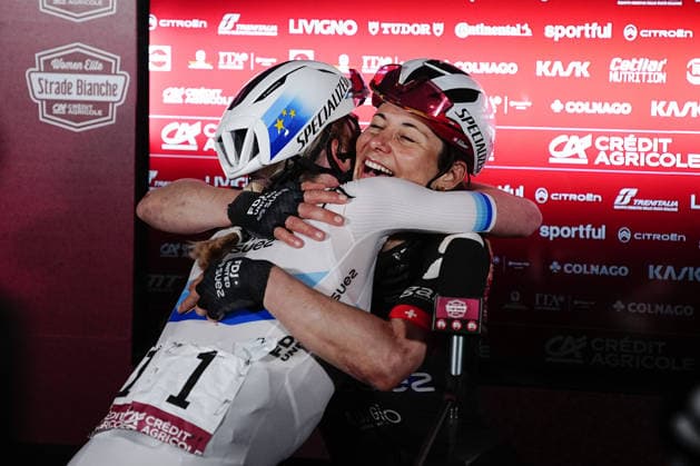 Demi Vollering hugs her teammate CHABBEY Elise of FDJ UNITED - SUEZ team winner of the Strade Bianche Woman Elite (White Roads) a 133 km one day race from and to Siena - Tuscany,- Saturday March 7, 2025, Italy. - cycling  Copyright: xMarcoxAlpozzi xLaPressex