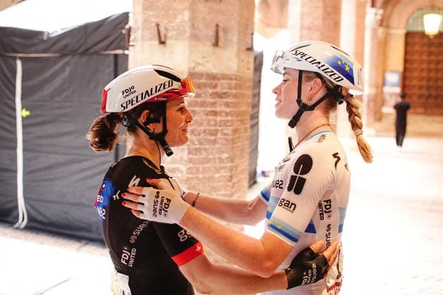 Demi Vollering hugs her teammate CHABBEY Elise of FDJ UNITED - SUEZ team winner of the Strade Bianche Woman Elite (White Roads) a 133 km one day race from and to Siena - Tuscany,- Saturday March 7, 2025, Italy. - cycling  Copyright: xMarcoxAlpozzi xLaPressex