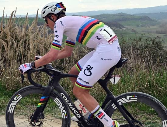 Slovenian Tadej Pogacar of UAE Team Emirates - XRG pictured in action during the men elite Strade Bianche one day cycling race, 203km from and to Siena, Italy on Saturday 07 March 2026. DIRKxWAEM  x166744218x