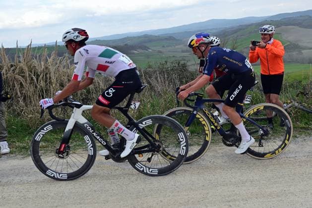 Mexican Isaac Del Toro of UAE Team Emirates - XRG and British Thomas Pidcock of Pinarello Q36.5 Pro Cycling pictured in action during the men elite Strade Bianche one day cycling race, 203km from and to Siena, Italy on Saturday 07 March 2026. DIRKxWAEM  x166746781x