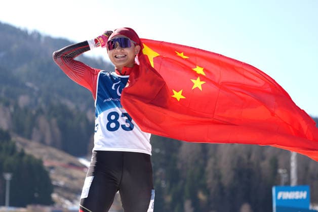 (260307) -- TESERO, March 7, 2026 -- Cai Jiayun of China celebrates after winning the men s sprint standing final of para biathon at the Milan-Cortina 2026 Paralympic Winter games, Winterspiele,Spiele, Summer games in Tesero, Italy, March 7, 2026. ) (SP)ITALY-TESERO-PARALYMPIC WINTER GAMES-PARA BIATHLON-MEN S SPRINT STANDING HouxZhaokang 