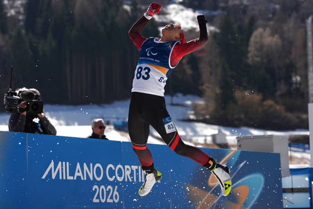 (260307) -- TESERO, March 7, 2026 -- Cai Jiayun of China celebrates after winning the men s sprint standing final of para biathon at the Milan-Cortina 2026 Paralympic Winter games, Winterspiele,Spiele, Summer games in Tesero, Italy, March 7, 2026. ) (SP)ITALY-TESERO-PARALYMPIC WINTER GAMES-PARA BIATHLON-MEN S SPRINT STANDING HouxZhaokang 