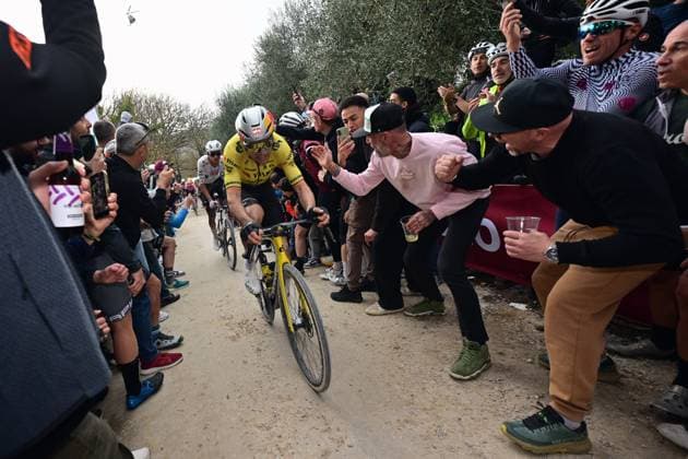 Belgian Wout Van Aert of Team Visma-Lease a Bike pictured in action during the men elite Strade Bianche one day cycling race, 203km from and to Siena, Italy on Saturday 07 March 2026. DIRKxWAEM  x166748434x