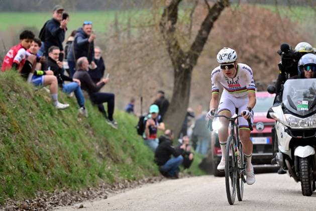Slovenian Tadej Pogacar of UAE Team Emirates - XRG pictured in action during the men elite Strade Bianche one day cycling race, 203km from and to Siena, Italy on Saturday 07 March 2026. DIRKxWAEM  x166748511x