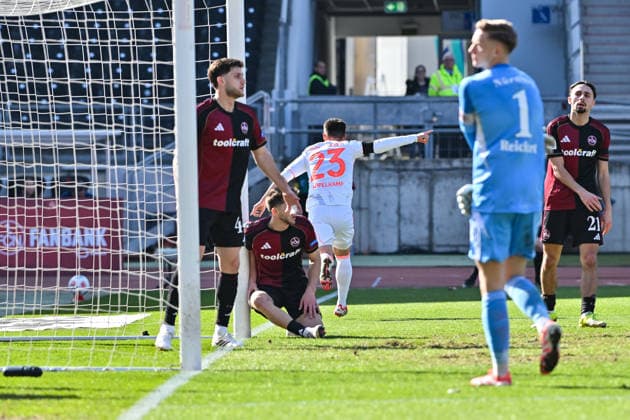 2. Bundesliga; 1. FC Nuremberg- Fortuna Düsseldorf; 07.03.2026 NUREMBERG, GERMANY - 07. MARCH: Jubel der Düsseldorfer nach dem Treffer zum 0-1 durch Shinta APPELKAMP (Fortuna Düsseldorf 23) während dem Match zwischen dem 1. FC Nürnberg und Fortuna Düsseldorf am 25. Spieltag der 2. Bundesliga im Max Morlock Stadion DFL REGULATIONS PROHIBIT ANY USE OF PHOTOGRAPHS AS IMAGE SEQUENCES AND OR QUASI-VIDEO