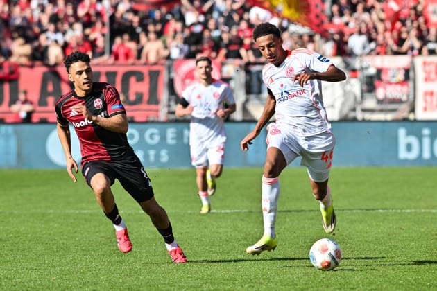 2. Bundesliga; 1. FC Nuremberg- Fortuna Düsseldorf; 07.03.2026 NUREMBERG, GERMANY - 07. MARCH: im Duell Semir TELALOVIC (1. FC Nuernberg 9) und Sima SUSO (Fortuna Düsseldorf 46) während dem Match zwischen dem 1. FC Nürnberg und Fortuna Düsseldorf am 25. Spieltag der 2. Bundesliga im Max Morlock Stadion DFL REGULATIONS PROHIBIT ANY USE OF PHOTOGRAPHS AS IMAGE SEQUENCES AND OR QUASI-VIDEO