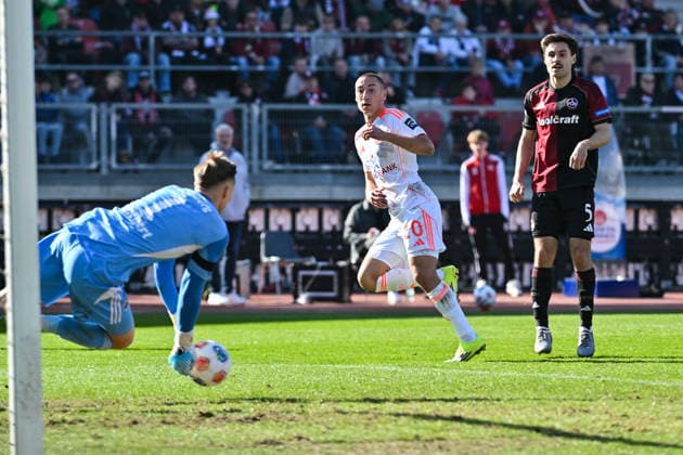 2. Bundesliga; 1. FC Nuremberg- Fortuna Düsseldorf; 07.03.2026 NUREMBERG, GERMANY - 07. MARCH: Marin LJUBICIC (Fortuna Düsseldorf 20) scheitert mit seinem Torschuss an Jan REICHERT (1. FC Nuremberg 1) während dem Match zwischen dem 1. FC Nürnberg und Fortuna Düsseldorf am 25. Spieltag der 2. Bundesliga im Max Morlock Stadion DFL REGULATIONS PROHIBIT ANY USE OF PHOTOGRAPHS AS IMAGE SEQUENCES AND OR QUASI-VIDEO