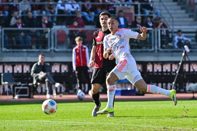 2. Bundesliga; 1. FC Nuremberg- Fortuna Düsseldorf; 07.03.2026 NUREMBERG, GERMANY - 07. MARCH: im Duell Tom BAACK (1. FC Nuernberg 5) und Marin LJUBICIC (Fortuna Düsseldorf 20) während dem Match zwischen dem 1. FC Nürnberg und Fortuna Düsseldorf am 25. Spieltag der 2. Bundesliga im Max Morlock Stadion DFL REGULATIONS PROHIBIT ANY USE OF PHOTOGRAPHS AS IMAGE SEQUENCES AND OR QUASI-VIDEO