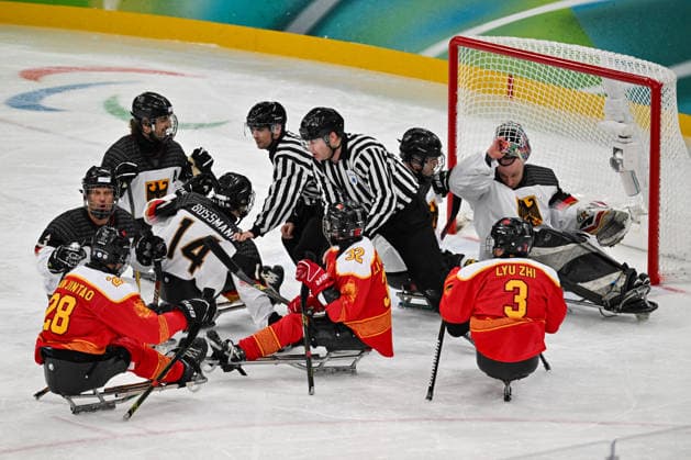 GIOCHI OLIMPICI - Olimpiadi Invernali Milano-Cortina 2026 - Paralympic Winter games, Winterspiele,Spiele, Summer games MILANO-CORTINA 2026 - Para Ice hockey, Eishockey - China vs Germany People s Republic Of China anc The Germany Team in action during Paralympic WINTER GAMES MILANO-CORTINA 2026 - Para ice hockey - China vs Germany , Olympic Winter Games Milano-Cortina 2026 in Milano, Italy, March 07 2026 Cortina D Ampezzo Italy  Copyright: xIPAxSport ABACAx