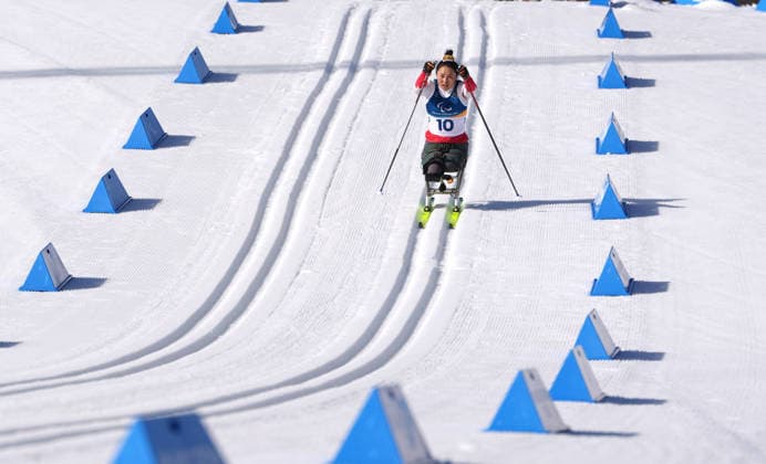 (260307) -- TESERO, March 7, 2026 -- Wang Shiyu of China competes during the women s sprint sittingg final of para biathon at the Milan-Cortina 2026 Paralympic Winter games, Winterspiele,Spiele, Summer games in Tesero, Italy, March 7, 2026. ) (SP)ITALY-TESERO-PARALYMPIC WINTER GAMES-PARA BIATHLON-WOMEN S SPRINT SITTING CaixYang 