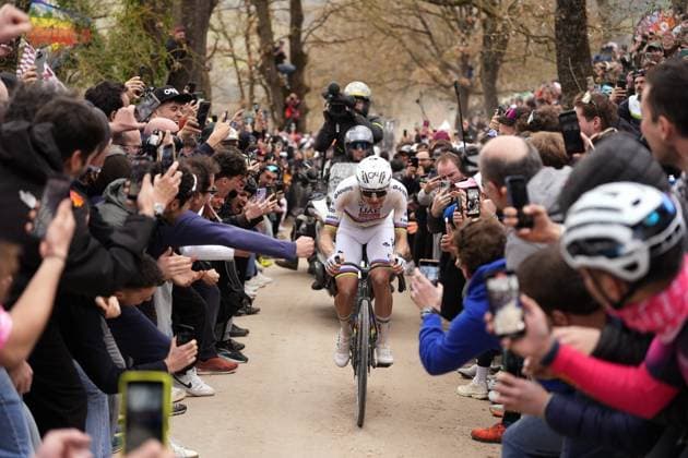 Slovenian Tadej Pogacar of UAE Team Emirates - XRG pictured in action during the men elite Strade Bianche one day cycling race, 203km from and to Siena, Italy on Saturday 07 March 2026. POOLxFABIOxFERRARI  x166749361x