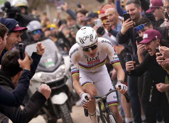 Slovenian Tadej Pogacar of UAE Team Emirates - XRG pictured in action during the men elite Strade Bianche one day cycling race, 203km from and to Siena, Italy on Saturday 07 March 2026. POOLxFABIOxFERRARI  x166749372x