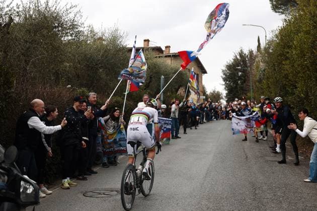 Slovenian Tadej Pogacar of UAE Team Emirates - XRG pictured in action during the men elite Strade Bianche one day cycling race, 203km from and to Siena, Italy on Saturday 07 March 2026. POOLxLUCAxBETTINI  x166749412x