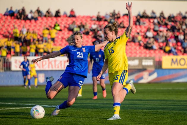 260307 Å½ivana Stupar of Serbia and Julia Zigiotti Olme of Sweden during the FIFA Women™s World Cup Qualifier football match between Serbia and Sweden on March 7, 2026 in Stara Pazova. Photo: Ludvig Thunman BILDBYRAN kod LT LT0784 fotboll football soccer fotball vm-kval kval fifa womens world cup qualifier qualifier serbien serbia sverige sweden dam bbeng Copyright: LUDVIGxTHUNMAN BB260307LT074