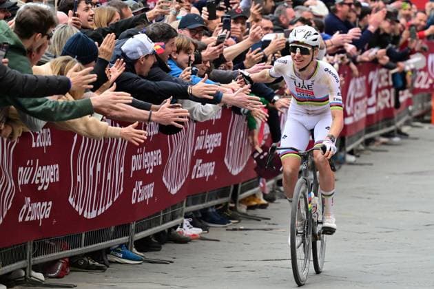 Slovenian Tadej Pogacar of UAE Team Emirates - XRG celebrates after winning the men elite Strade Bianche one day cycling race, 203km from and to Siena, Italy on Saturday 07 March 2026. POOLxFABIOxFERRARI  x166753799x