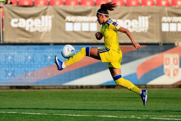STARA PAZOVA, SERBIA 20260307 Serbia s Å½ivana Stupar and Sweden s Felicia Schröder during Saturday s World Cup qualifying match between Serbia and Sweden at Sportski centar FSS plan 1, Stara Pazova, Serbia.
