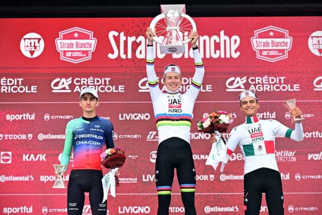 French Paul Seixas of Decathlon CMA CGM Team, Slovenian Tadej Pogacar of UAE Team Emirates - XRG and Mexican Isaac Del Toro of UAE Team Emirates - XRG celebrate on the podium of the men elite Strade Bianche one day cycling race, 203km from and to Siena, Italy on Saturday 07 March 2026. DIRKxWAEM  x166756462x