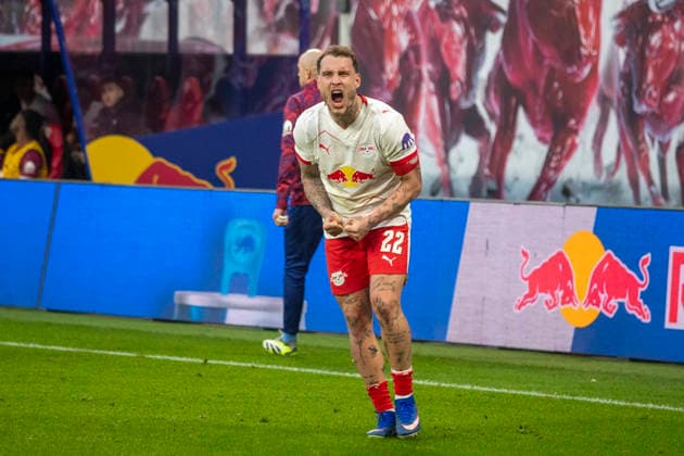 GER, Leipzig, Fußball, DFL Bundesliga, 25. Spieltag, RB Leipzig vs. FC Augsburg im Bild v.l.: David Raum (RB Leipzig 22), Torjubel, Schrei, Jubel 07.03.2025, Red-Bull Arena Leipzig DFL DFB REGULATIONS PROHIBIT ANY USE OF PHOTOGRAPHS AS IMAGE SEQUENCES AND OR QUASI-VIDEO,