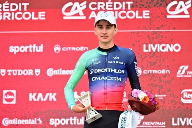 French Paul Seixas of Decathlon CMA CGM Team pictured on the podium after the men elite Strade Bianche one day cycling race, 203km from and to Siena, Italy on Saturday 07 March 2026. DIRKxWAEM  x166756593x