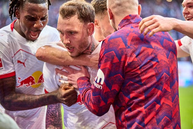 07.03.2026, Fußball, Männer, Bundesliga, 2025 2026, RB Leipzig - FC Augsburg Manschaft, RB Leipzig, Jubel nach 2:1 in der Nachspielzeit Leipzig Red Bull Arena Sachsen Deutschland