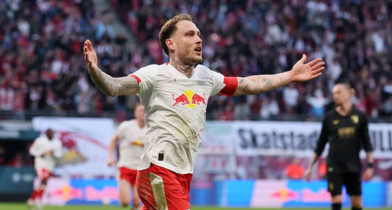 RB Leipzig - Augsburg Bundesliga Leipzig, 07.03.2026, Red Bull Arena, Fußball, 1.Bundesliga, 25.Spieltag , RB Leipzig vs. FC Augsburg , Im Bild: Tor für RB Leipzig. David Raum (22, RB Leipzig) trifft zum 2:1 und jubelt. , Nur zur redaktionellen Nutzung. Only editorial use. , DFL DFB regulations prohibit any use of photographs as image sequences and or quasi-video. ,