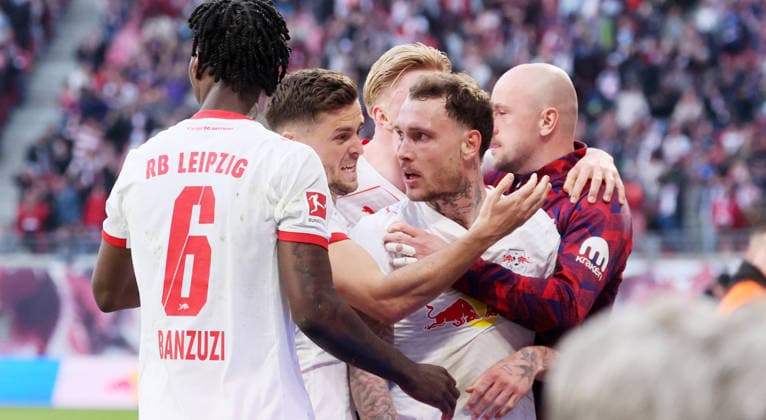 RB Leipzig - Augsburg Bundesliga Leipzig, 07.03.2026, Red Bull Arena, Fußball, 1.Bundesliga, 25.Spieltag , RB Leipzig vs. FC Augsburg , Im Bild: Tor für RB Leipzig. David Raum (22, RB Leipzig) trifft zum 2:1 und jubelt. , Nur zur redaktionellen Nutzung. Only editorial use. , DFL DFB regulations prohibit any use of photographs as image sequences and or quasi-video. ,