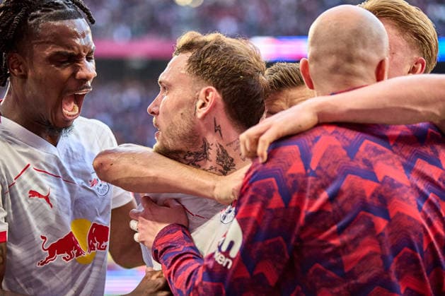 07.03.2026, Fußball, Männer, Bundesliga, 2025 2026, RB Leipzig - FC Augsburg Manschaft, RB Leipzig, Jubel nach 2:1 in der Nachspielzeit Leipzig Red Bull Arena Sachsen Deutschland