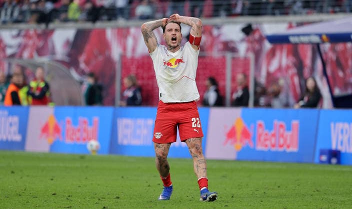 David Raum jubelt nach Tor zum 2:1 Fußball Fussball DFL Bundesliga Herren 25. Spieltag Saison 2025 2026 07.03.2026 RasenBallsport RB Leipzig RBL vs. FC Augsburg FCA in der RedBull Arena DFL regulations prohibit any use of photographs as image sequences and or quasi-video.