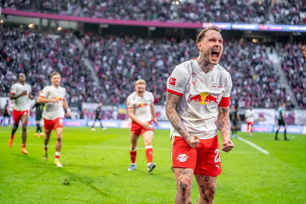 Leipzig, Deutschland 07. März 2026: 1.Bundesliga 2025 2026 RB Leipzig gegen FC Augsburg Im Bild: David Raum (RB) jubelt nach seinem Tor zum 2:1 DFL regulations prohibit any use of photographs as image sequences and or quasi-video.