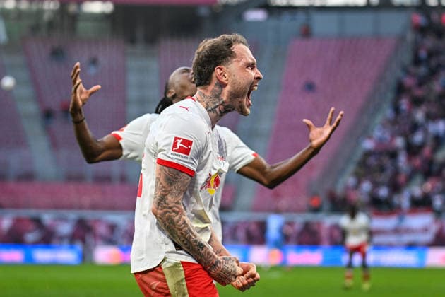 Fußball I Herren I Saison 2025-2026 I Bundesliga I 25. Spieltag I RB Leipzig - FC Augsburg I 07.03.2026 Torjubel David Raum (22, RB Leipzig) nach dem Siegtor zum 2:1 Freisteller, Nahaufnahme, Porträt, Portrait, Einzelfoto, Einzelbild, Körper Leipzig Red Bull Arena Sachsen Deutschland