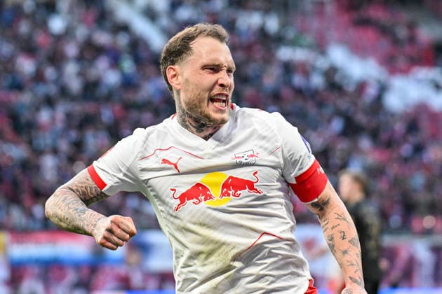 Fußball I Herren I Saison 2025-2026 I Bundesliga I 25. Spieltag I RB Leipzig - FC Augsburg I 07.03.2026 Torjubel David Raum (22, RB Leipzig) nach dem Siegtor zum 2:1 Freisteller, Nahaufnahme, Porträt, Portrait, Einzelfoto, Einzelbild, Körper Leipzig Red Bull Arena Sachsen Deutschland