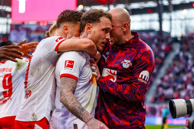 David Raum (RB Leipzig, 22) Jubel, Torjubel, jubelt ueber Tor zum 2:1, Christoph Baumgartner (RB Leipzig, 14) , RB Leipzig vs. FC Augsburg, Fussball, 1. Bundesliga, 25. Spieltag, Saison 2025 2026, 07.03.2026,¨ DFL REGULATIONS PROHIBIT ANY USE OF PHOTOGRAPHS AS IMAGE SEQUENCES AND OR QUASI-VIDEO,¨ RB Leipzig vs. FC Augsburg, Fussball, 1. Bundesliga, 25. Spieltag, Saison 2025 2026, 07.03.2026 Leipzig