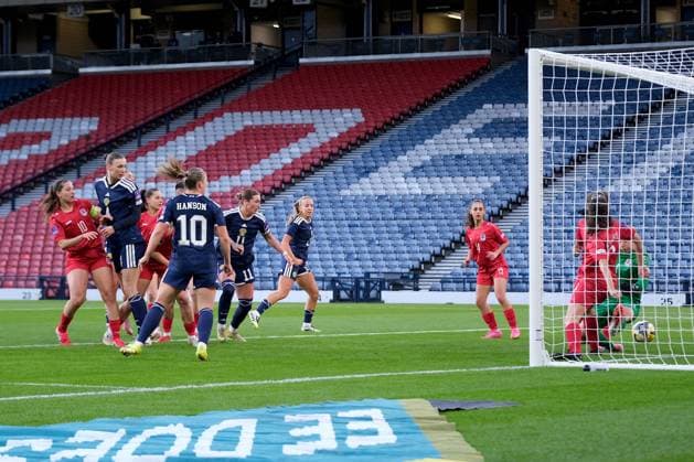 UK: Scotland v Luxembourg, FIFA Women‚Äôs World Cup Qualifier at Hampden Park, Glasgow, Scotland on 07 March 2026: Pictured: Jenna Clark (Scotland) heads home to make it 2-0 Glasgow Hampden Park Scotland Copyright: xAlexxToddx