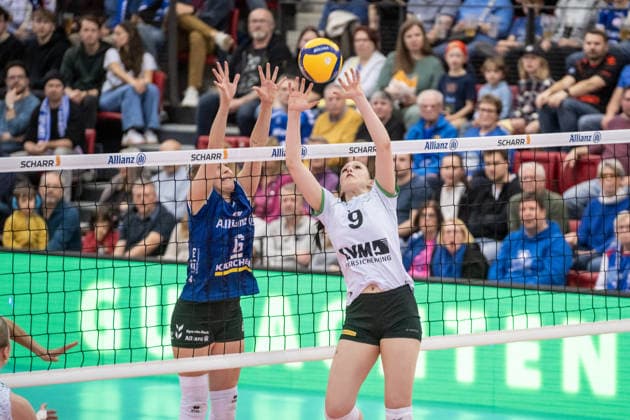Emilia Jordan (USC Muenster, 09) vs. Antonia Stautz (Allianz MTV Stuttgart, 06) GER, Allianz MTV Stuttgart - USC Muenster, Volleyball Bundesliga, VBL, Spielzeit 2025 2026, 07.03.2026 GER, Allianz MTV Stuttgart - USC Muenster, Volleyball Bundesliga, VBL, Spielzeit 2025 2026, 07.03.2026 Stuttgart Copyright: xSandyxDinkelackerx EP_SDR