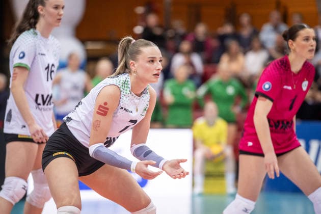 Elena Koemmling (USC Muenster, 07) - volle Konzentration GER, Allianz MTV Stuttgart - USC Muenster, Volleyball Bundesliga, VBL, Spielzeit 2025 2026, 07.03.2026 GER, Allianz MTV Stuttgart - USC Muenster, Volleyball Bundesliga, VBL, Spielzeit 2025 2026, 07.03.2026 Stuttgart Copyright: xSandyxDinkelackerx EP_SDR
