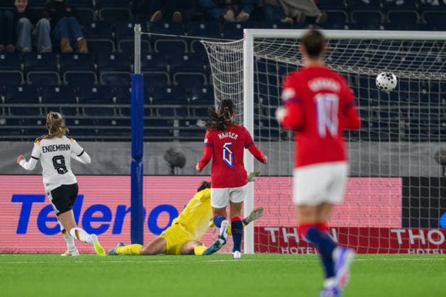 260307 Vivien Endemann of Germanyscores 0-3 during the FIFA Women s World Cup Qualifier football match between Norway and Germany on March 7, 2026 in Stavanger. Photo: Marius Simensen BILDBYRAN COP 238 MM0060 bbeng dam vm-kval vm-kvalifisering kvinner vm-kvalik football fotball fotboll landskamp soccer FIFA World Cup, WM, Weltmeisterschaft, Fussball qualifier norge norway tyskland germany Copyright: MARIUSxSIMENSEN BB260307ZZ120