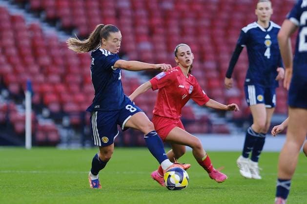 UK: Scotland v Luxembourg, FIFA Women‚Äôs World Cup Qualifier at Hampden Park, Glasgow, Scotland on 07 March 2026: Pictured: Miriael Taylor (Scotland) and Olivia Konsbruck (Luxembourg) Glasgow Hampden Park Scotland Copyright: xAlexxToddx