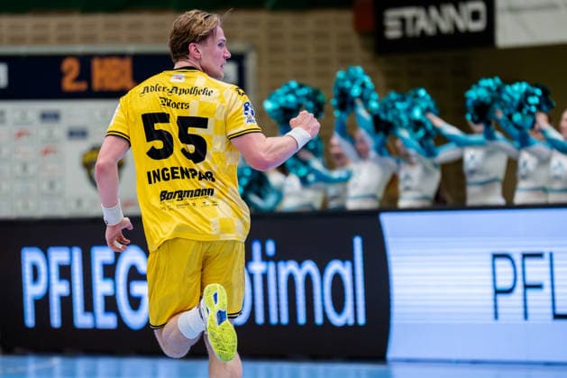 Krefeld, 07.03.2026, Handball, Herren, 2. Bundesliga, 23. Spieltag, 2025 2026: HSG Krefeld Niederrhein TV Großwallstadt Niklas Ingenpaß (HSG Krefeld Niederrhein, 55) jubelt nach einem Treffer Krefeld Glockenspitzhalle NRW Germany