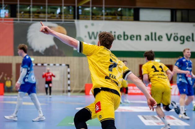 Krefeld, 07.03.2026, Handball, Herren, 2. Bundesliga, 23. Spieltag, 2025 2026: HSG Krefeld Niederrhein TV Großwallstadt Marvin Kix (HSG Krefeld Niederrhein, 7) jubelt nach einem Treffer Krefeld Glockenspitzhalle NRW Germany
