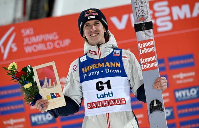 LKS 20260307 Winner Daniel Tschofenig of Austria celebrates on podium after men s Ski jumping, Skispringen, Ski, nordisch Large Hill HS130 at the FIS Nordic World Cup Lahti Ski Games in Lahti, Finland, on March 7, 2026. - EMMI KORHONEN Lahti Finland UsupMDA1U88  Copyright: xEmmixKorhonenx UsupMDA1U88