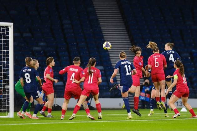 UK: Scotland v Luxembourg, FIFA Women‚Äôs World Cup Qualifier at Hampden Park, Glasgow, Scotland on 07 March 2026: Pictured: Jenna Clark (Scotland) heads her second goal to make it 4-0 Glasgow Hampden Park Scotland Copyright: xAlexxToddx