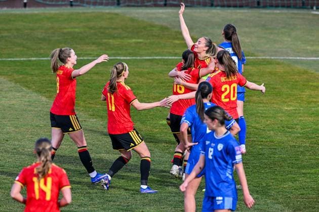 SOCCER WOMEN UEFA QUALIFIERS B4 MD2 BELGIUM VS ISRAEL Tessa Wullaert (9) of Belgium scores 2-0 and Tessa™s 100 th goal for the Red Flames so Belgium celebrate during a women football game between the national teams of Belgium, called the Red Flames, and Israel on the second match day in League B Group B4 in the league stage of the 2026-27 UEFA Women s European Qualifiers competition , on Saturday 7 March 2026 in Budapest , Hungary . PHOTO SPORTPIX Stijn Audooren Budapest BSC Stadium - Budaors Hungary  Copyright: xSportpix.bex xStijnxAudoorenxStijnxAudoorenx
