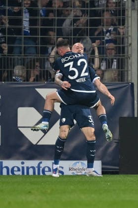 Jubel 1:0 Philipp Hofmann (VfL Bochum), Maximilian Wittek (VfL Bochum), v.re. 07.03.2026, Fussball 2. Bundesliga, Saison 2025 2026, 25. Spieltag, VfL Bochum - 1. FC Kaiserslautern DFL regulations prohibit any use of photographs as image sequences and or quasi-video Bochum Vonovia Ruhrstadion Nordrhein Westfalen Deutschland
